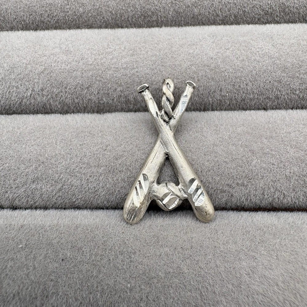 Sterling‎ Silver Two Crossed Baseball Bats & Ball Charm Pendant Marked 925 1"